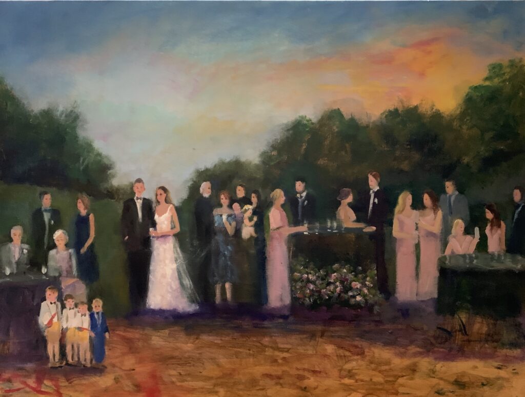 A painting of people standing in front of trees